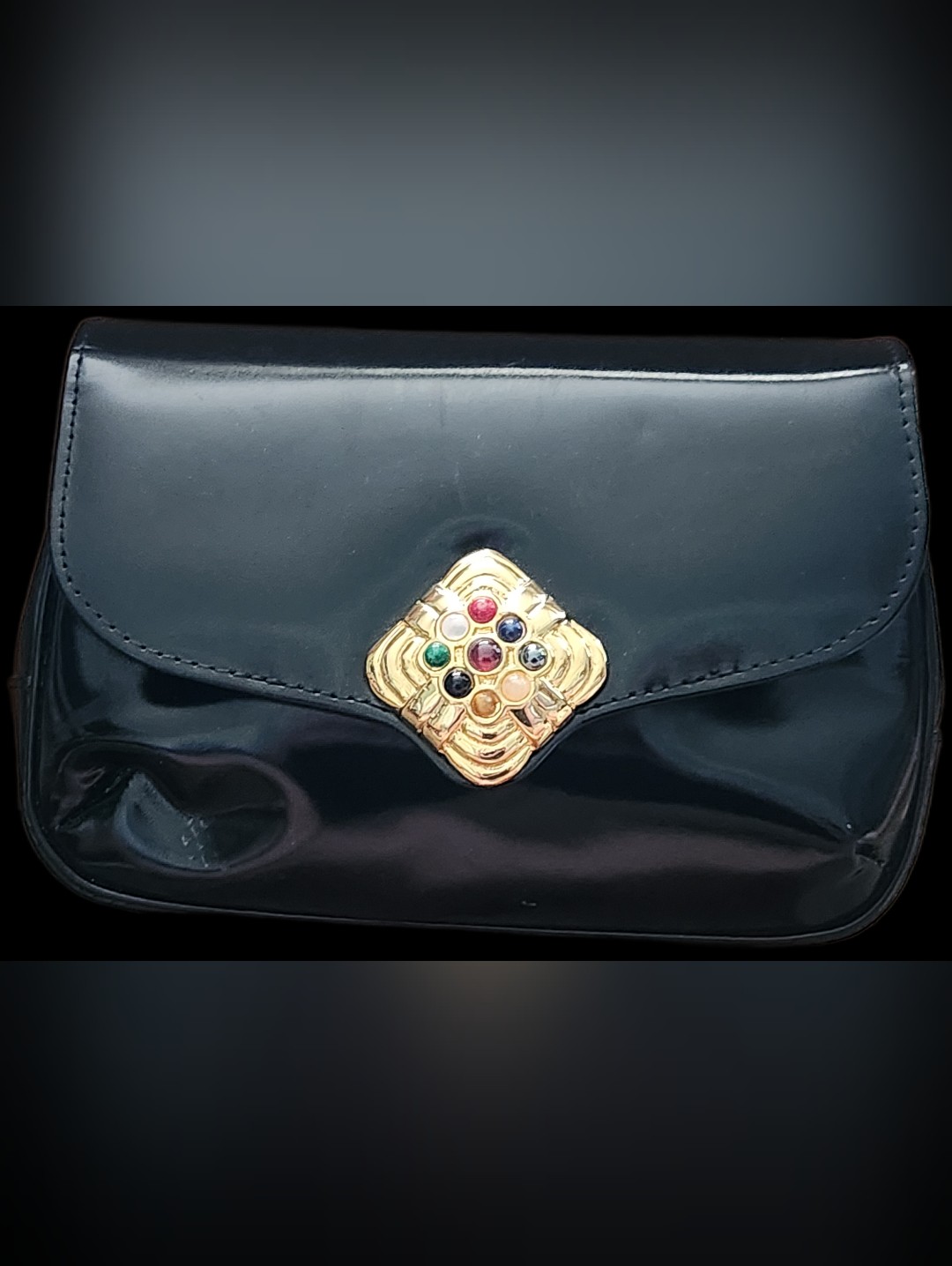 Vtg Ashneill Ladies Jeweled Evening Bag Black Patent Leather Clutch No Strap